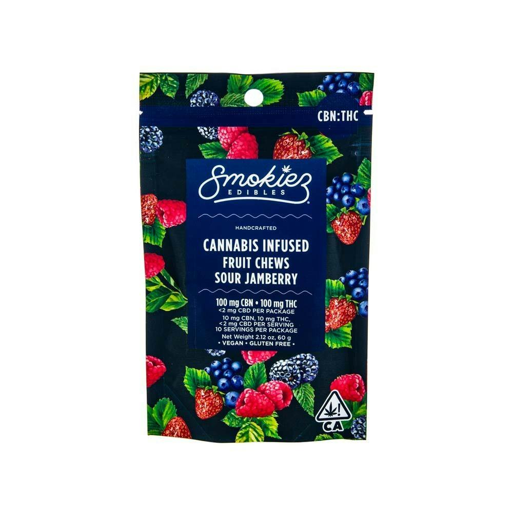Photograph of product: Smokiez | Sour Jamberry Fruit Chews (1:1 CBN:TH-oui - 200mg Total)