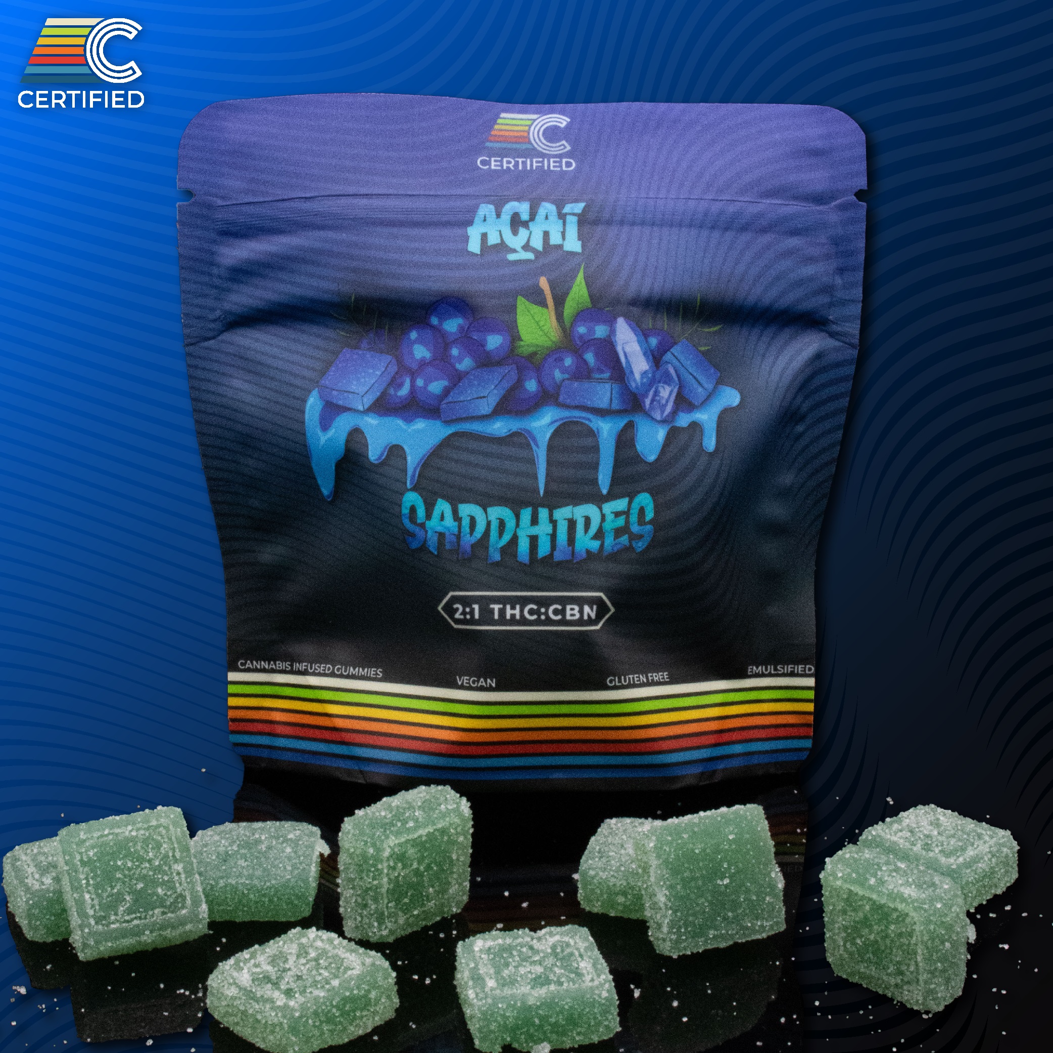 Photograph of product: Certified Cultivators | Acai Sapphires 2:1 TH-oui:CBN 10pc | 100mg