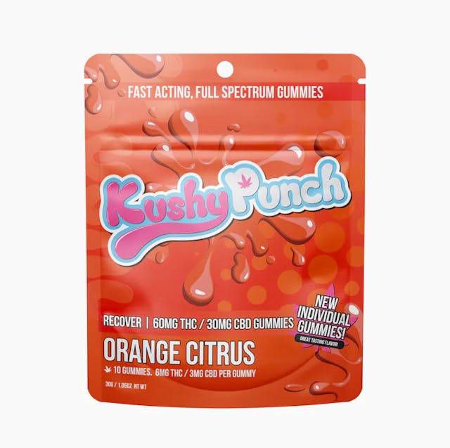 Photograph of product: Kushy Punch Individual Recover Gummies | 2:1 TH-oui CBD Orange Citrus - 