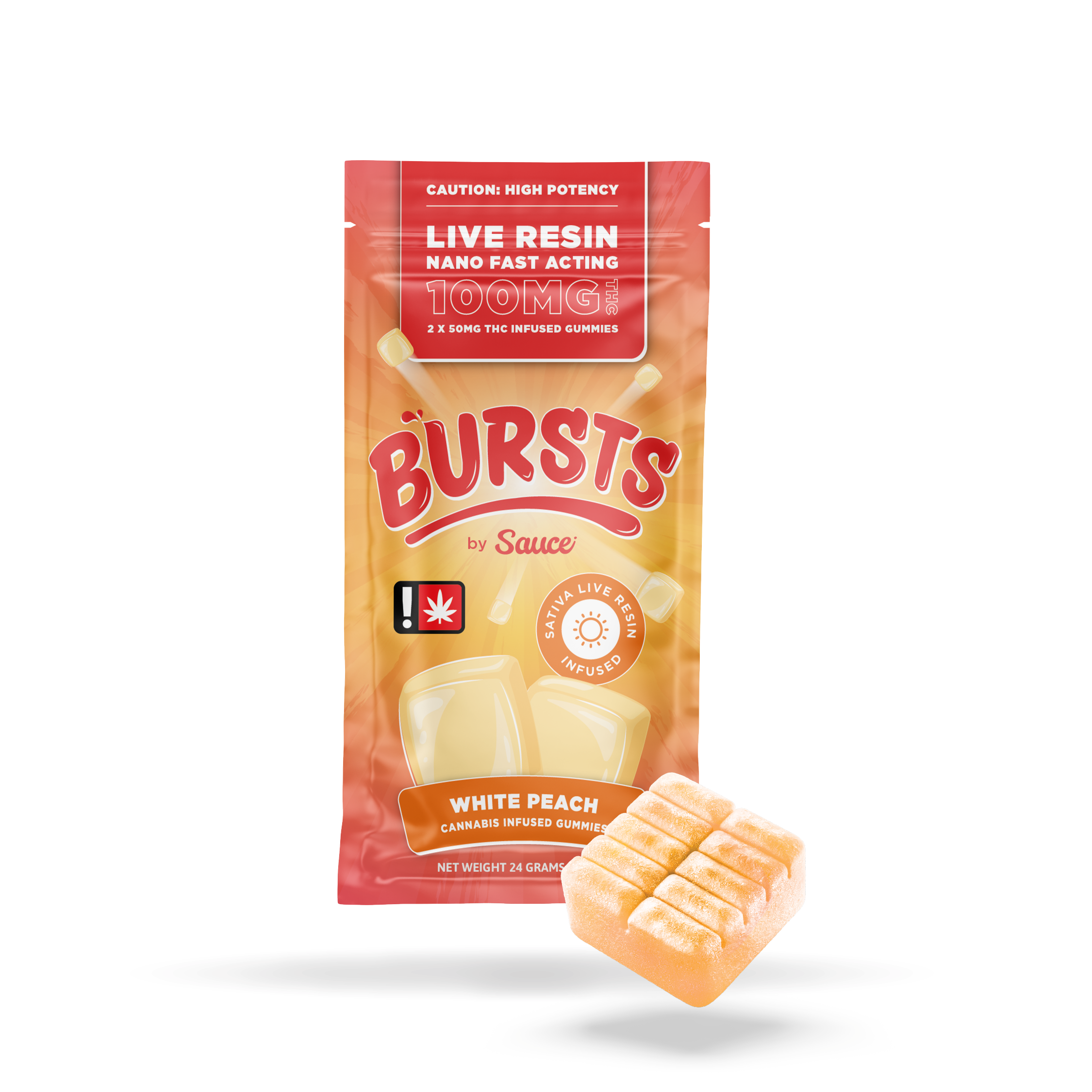 Photograph of product: White Peach - Live Resin Infused Bursts - 100MG