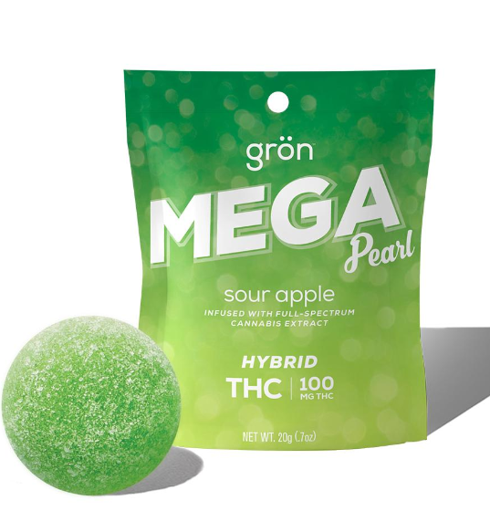 Photograph of product: GRON 100MG SOUR GREEN APPLE MEGA PEARL