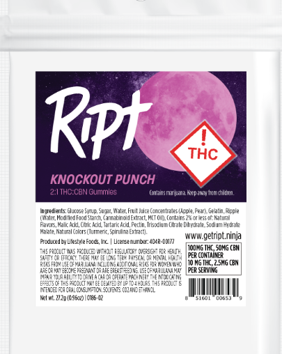 Photograph of product: Ript - Gummies - Knockout Punch (2:1) TH-oui:CBD 100mg (H)