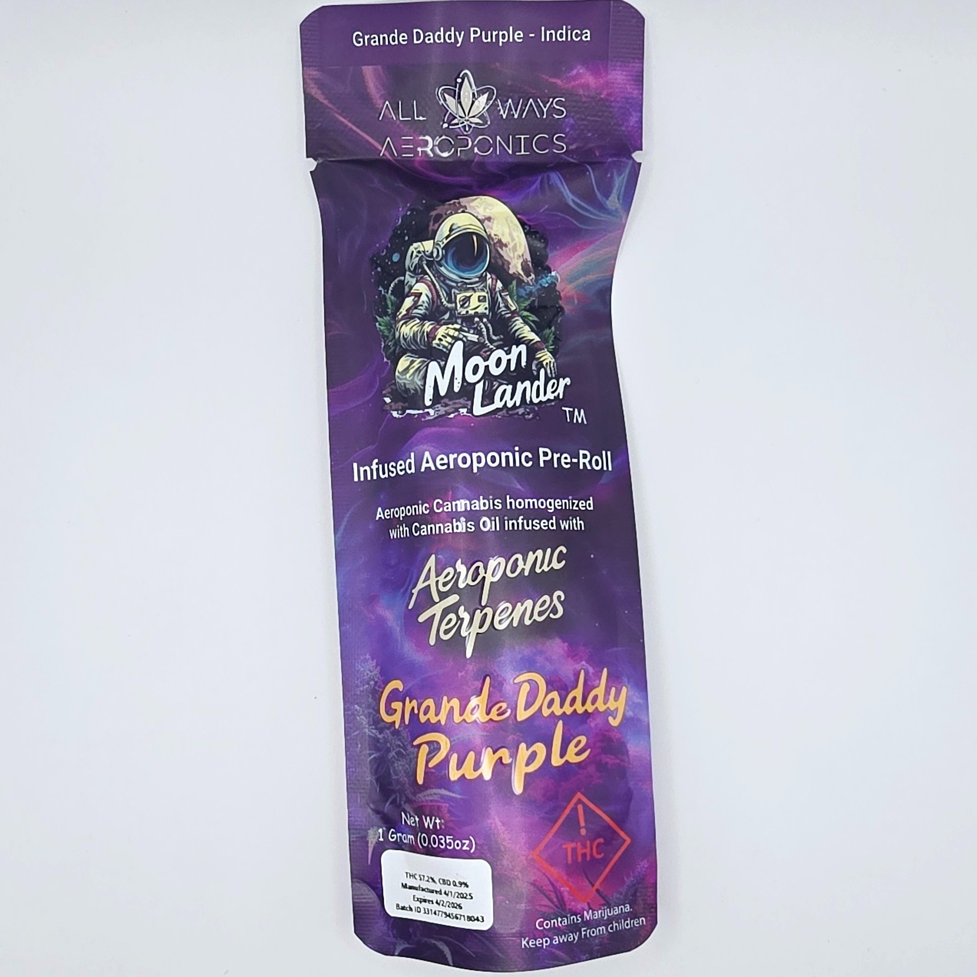 Photograph of product: All Ways Aeroponics Infused Pre Roll 1g- Grande Daddy Purple (I)