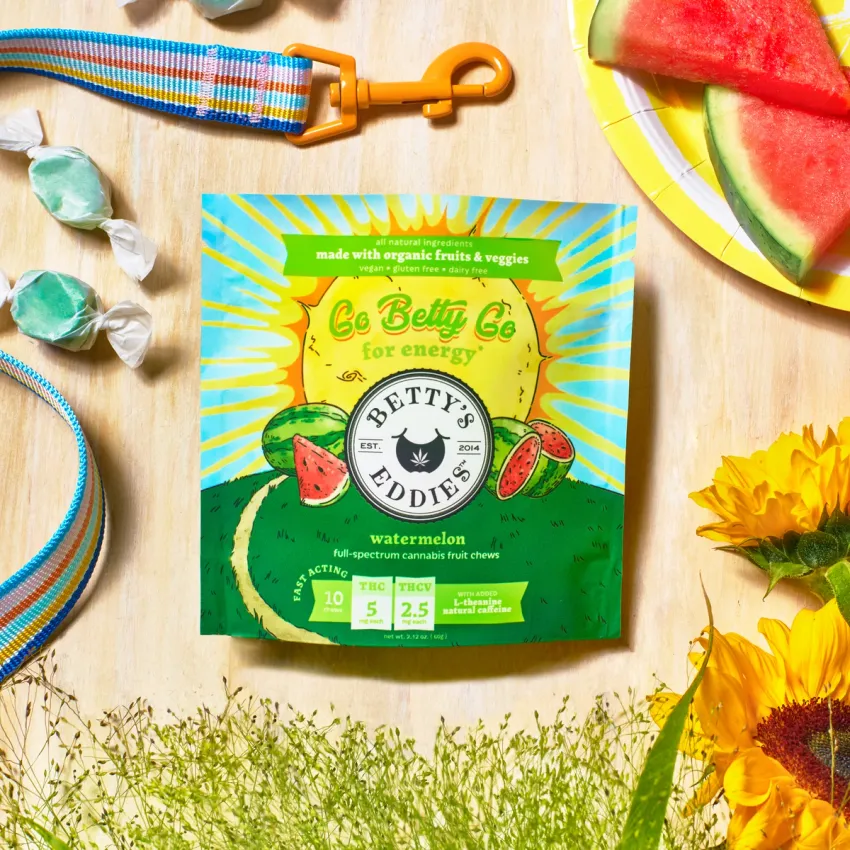 Photograph of product: Watermelon (High Dose) | 25mg TH-oui: 2.5mg TH-ouiV | 2pk Fruit Chews | Betty's Eddies