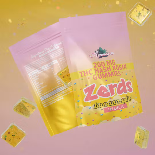 Photograph of product: AMNESIA | ZERDS BANANA SPLIT - au chocolat ROSIN GUMMIES | 5PK | Oui'd