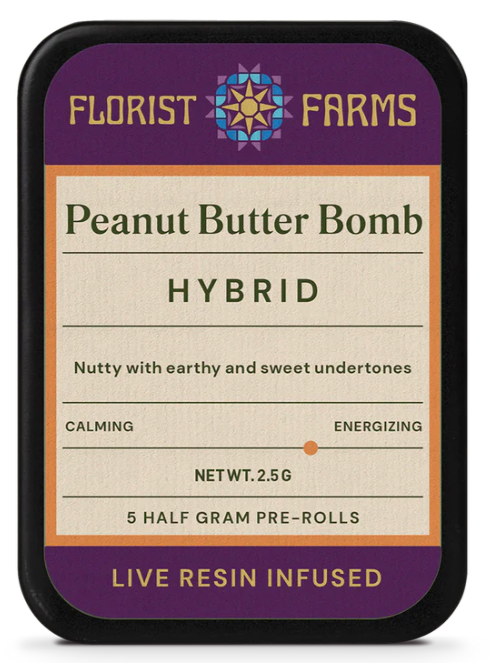 Photograph of product: Florist Farms | PB Bomb | 0.5g Live Resin Infused Pre-rolls | 5pk