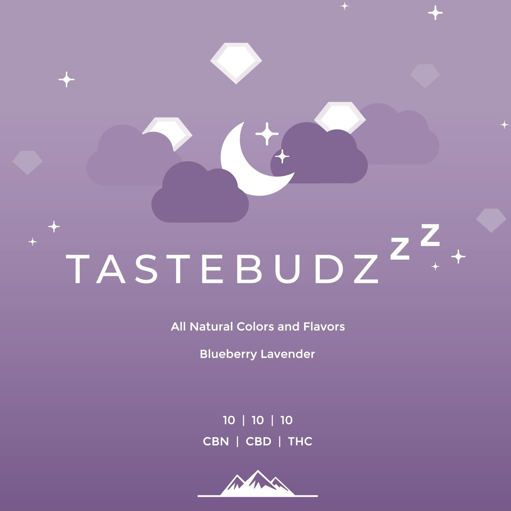 Photograph of product: Tastebudz 1:1:1 Blueberry Lavender CBN Gummies 100mg (H)