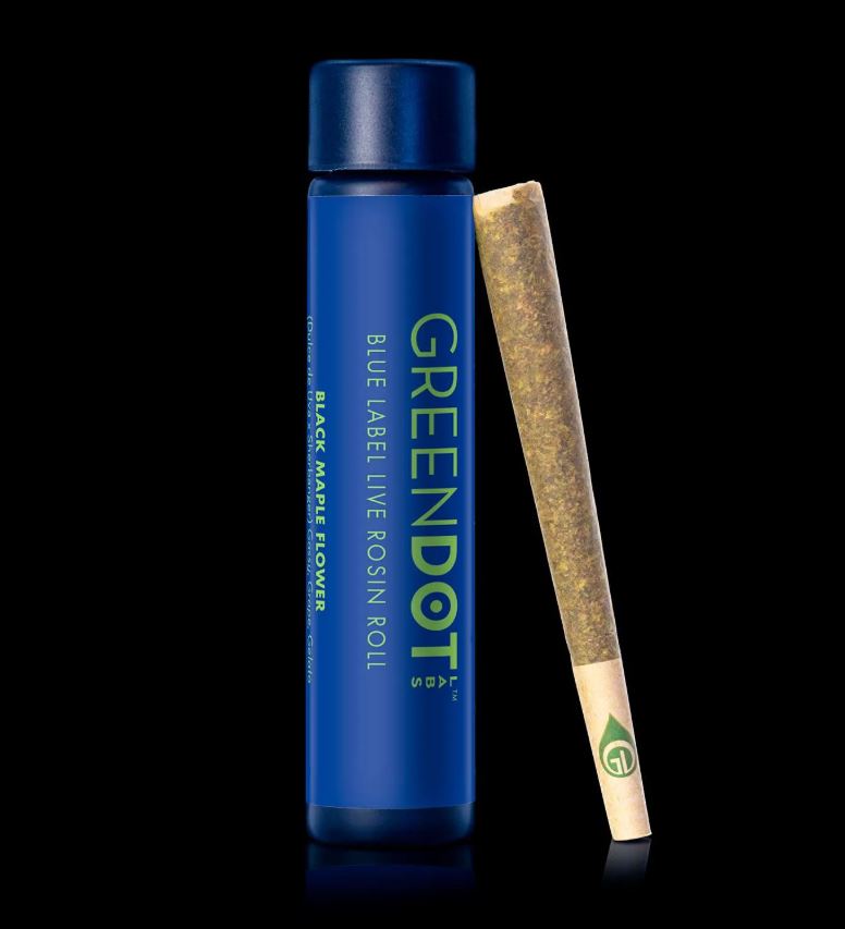 Photograph of product: Green Dot | 1g Rosin Roll | Blue Label | 5150 TK + Lemon Grinder