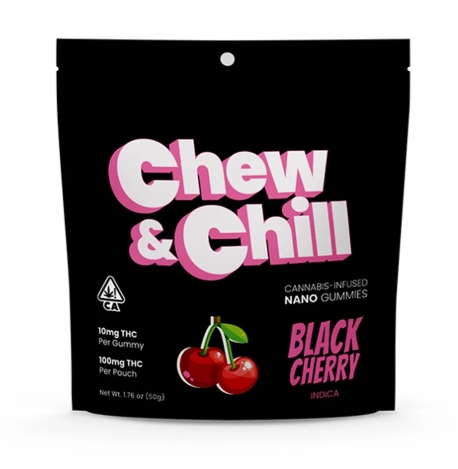 Photograph of product: Chew & Chill | 110mg | Edibles | Gummies | Nano | 10 Pack | Black Cherry