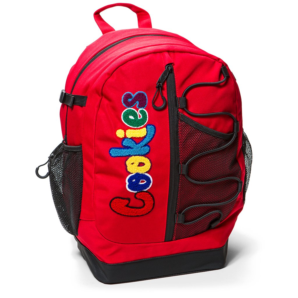 Photograph of product: Cookies - Backpack - Chenille Lettering - Bungee Nylon - Red