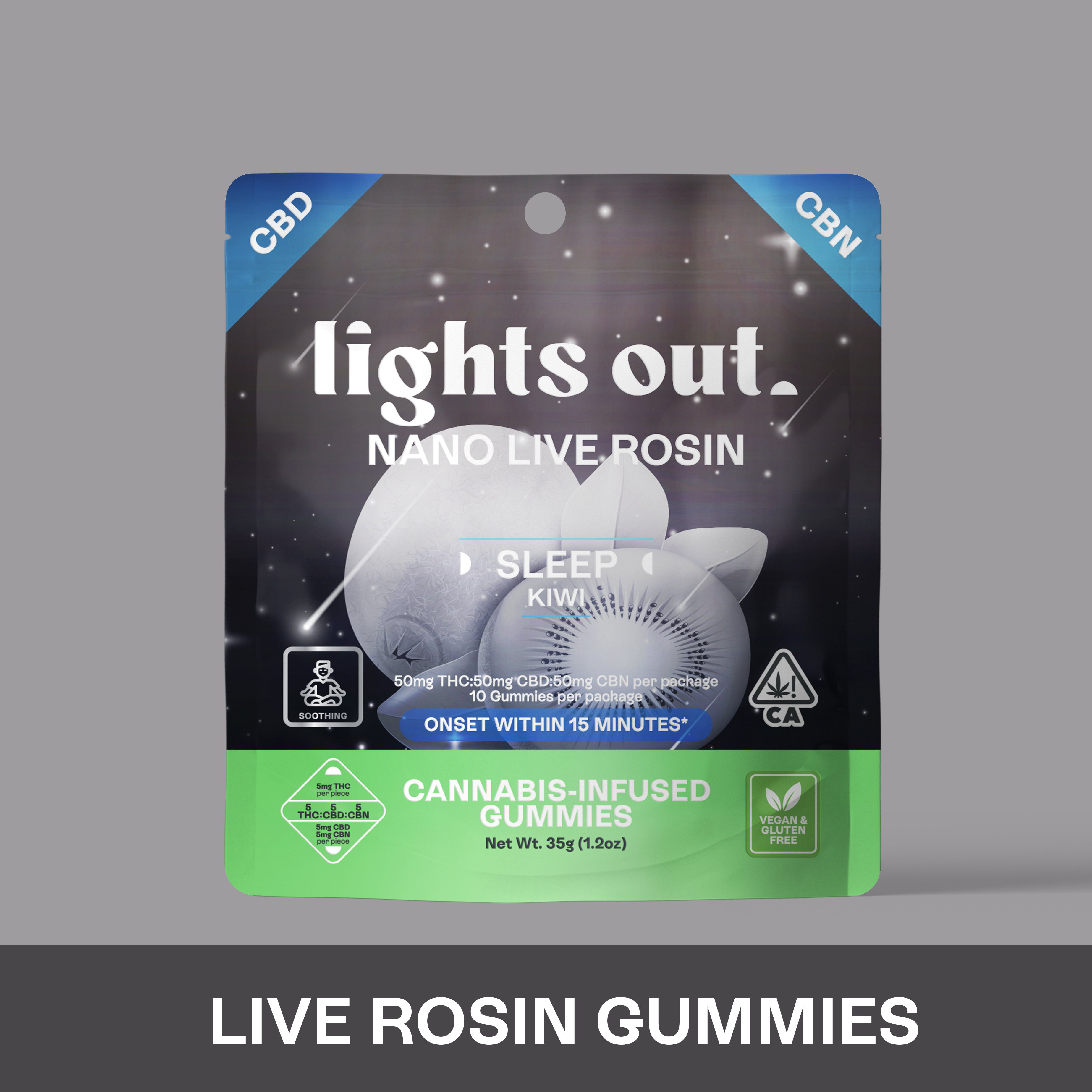 Photograph of product: Lights Out - Kiwi (1:1:1 TH-oui:CBD:CBN) Sleep Live Rosin Nano Edible 150mg