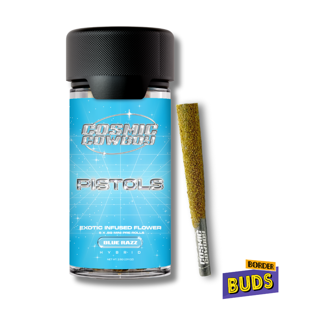 Photograph of product: Blue Razz | Cosmic Cowboy Pistols | .5g x 5 | Infused Pre-Roll Pack