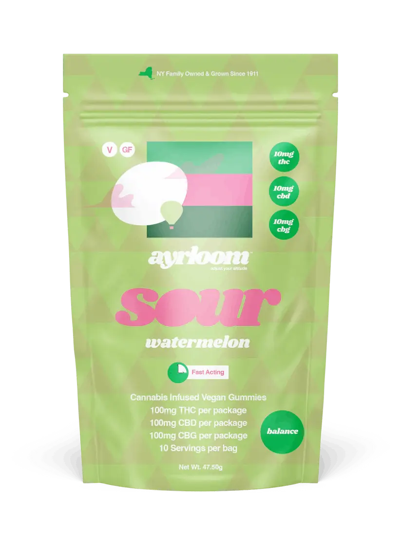 Photograph of product: Ayrloom Sour Watermelon Gummies | 1:1:1 | 10mg TH-oui : 10mg CBD : 10mg CBG