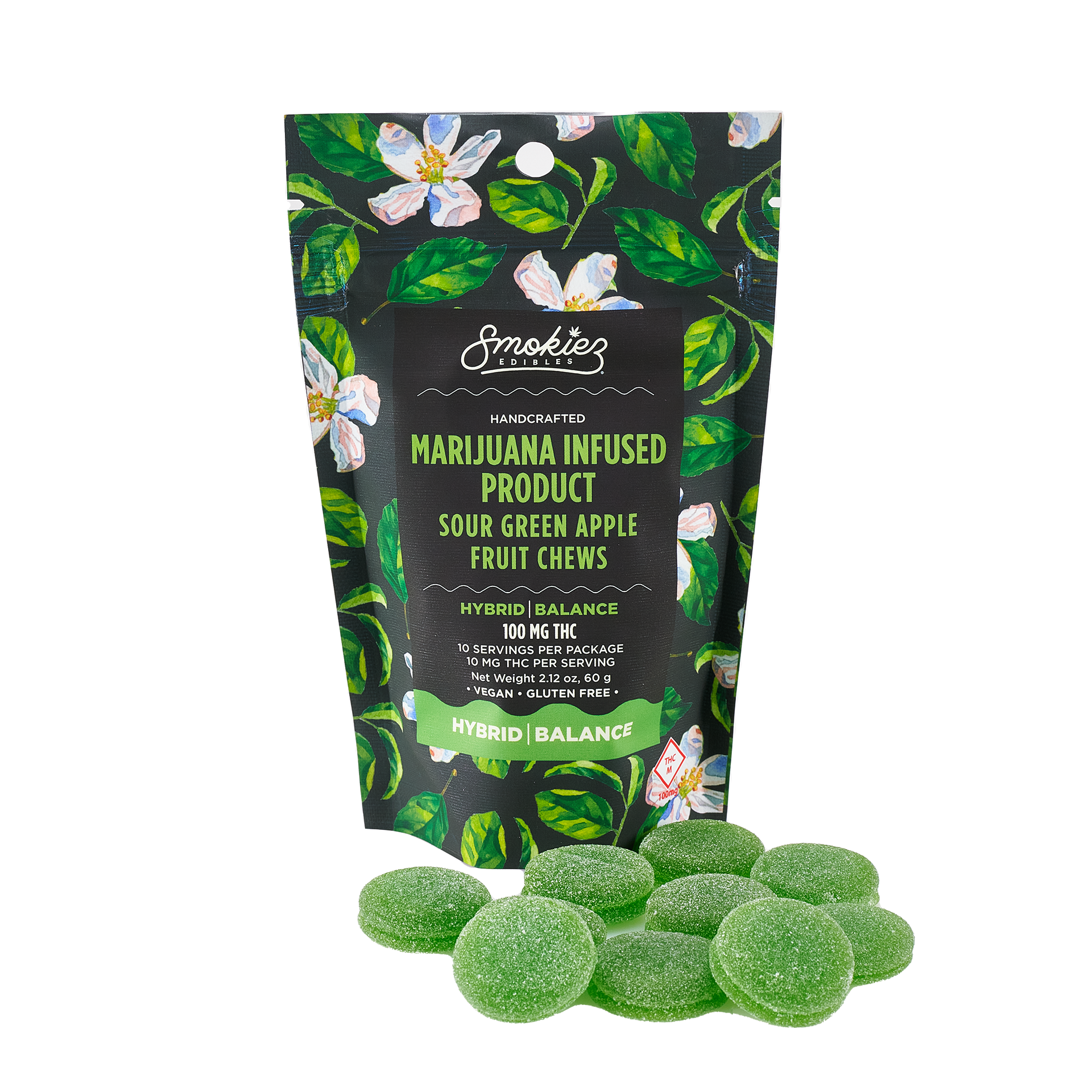 Photograph of product: Sour Green Apple 1:1 | CBG:TH-oui | 100mg | Gummy | Smokiez