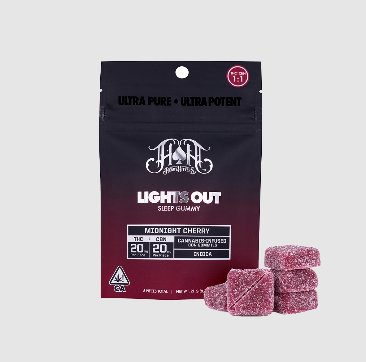 Photograph of product: Heavy Hitters: 100mg TH-oui/ 100mg CBN Gummy Pack: Midnight Cherry [I]