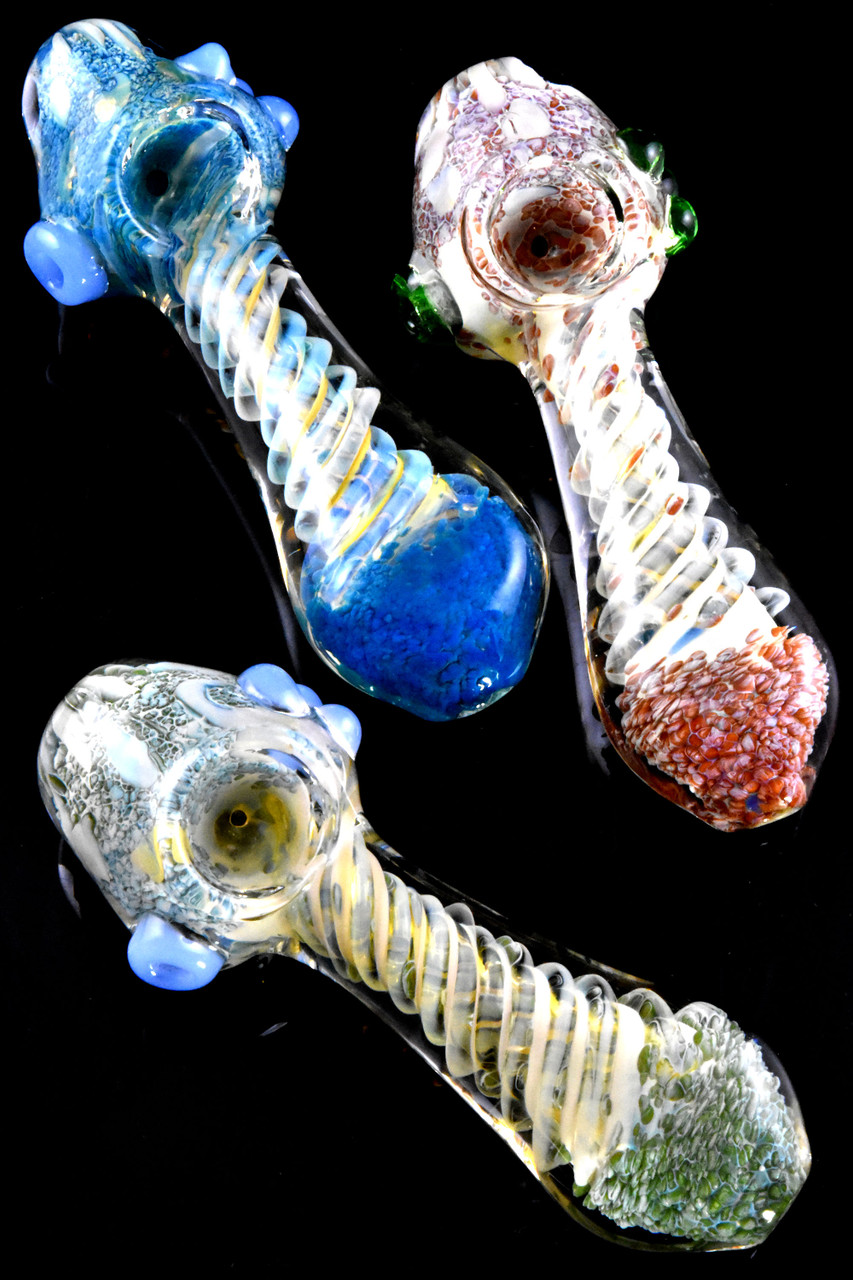 Photograph of product: 5" THICK SILVER FUMED SPIRAL STRIPED FRIT GLASS PIPE