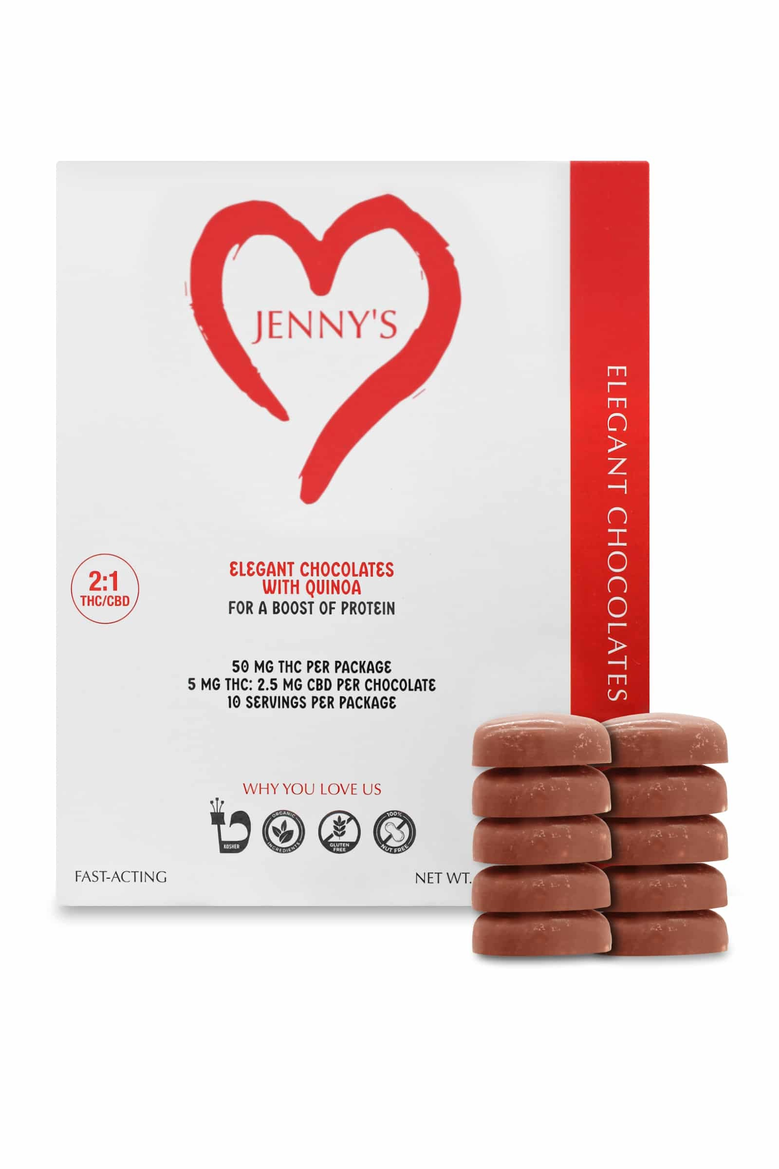 Photograph of product: JENNY'S | ELEGANT CHOCOLATES TH-oui + CBD (2:1) | CINNAMON, QUINOA, & SEA SALT MILK CHOCOLATE | 100MG
