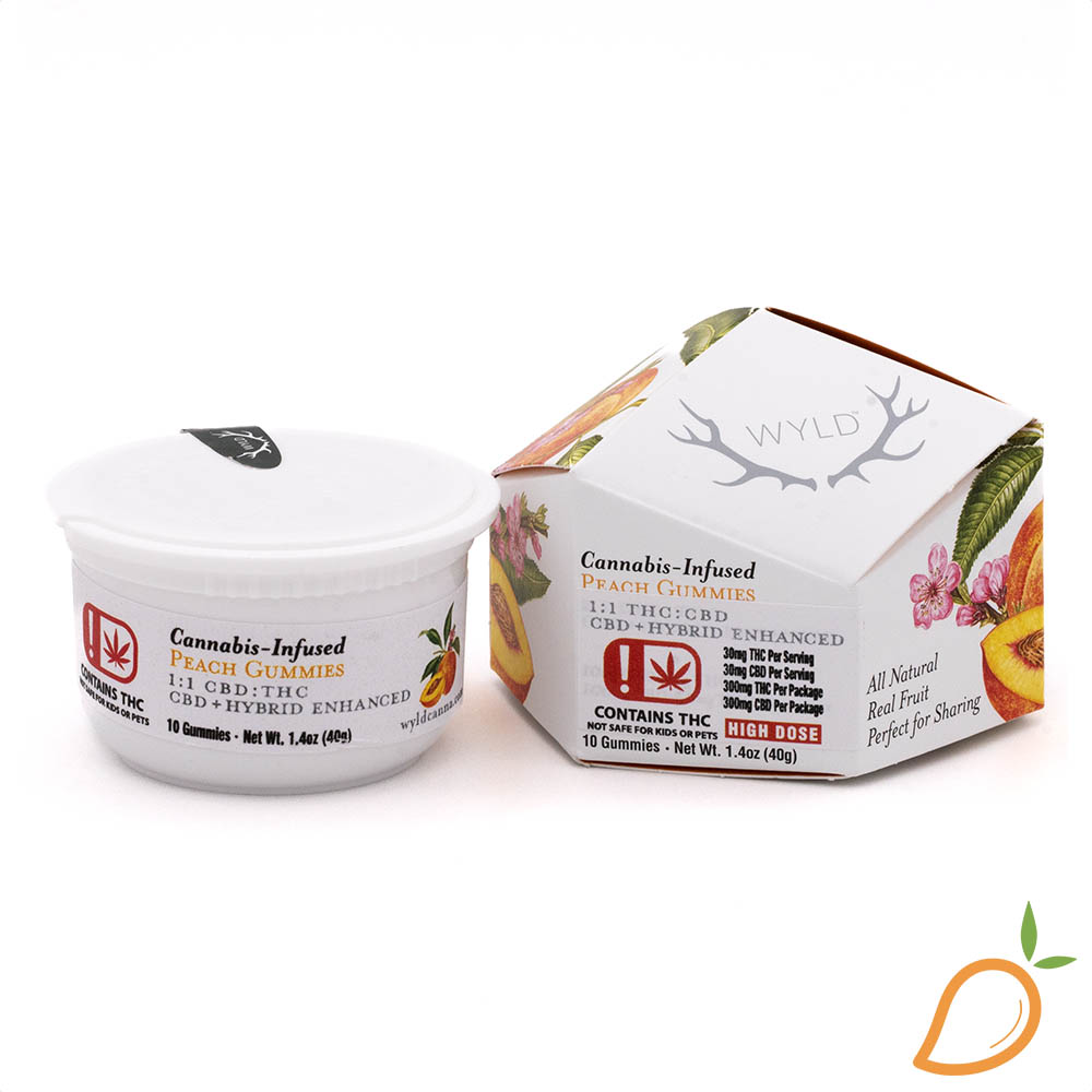 Photograph of product: 300mg 1:1 THC/CBD Peach Hybrid Gummies Wyld