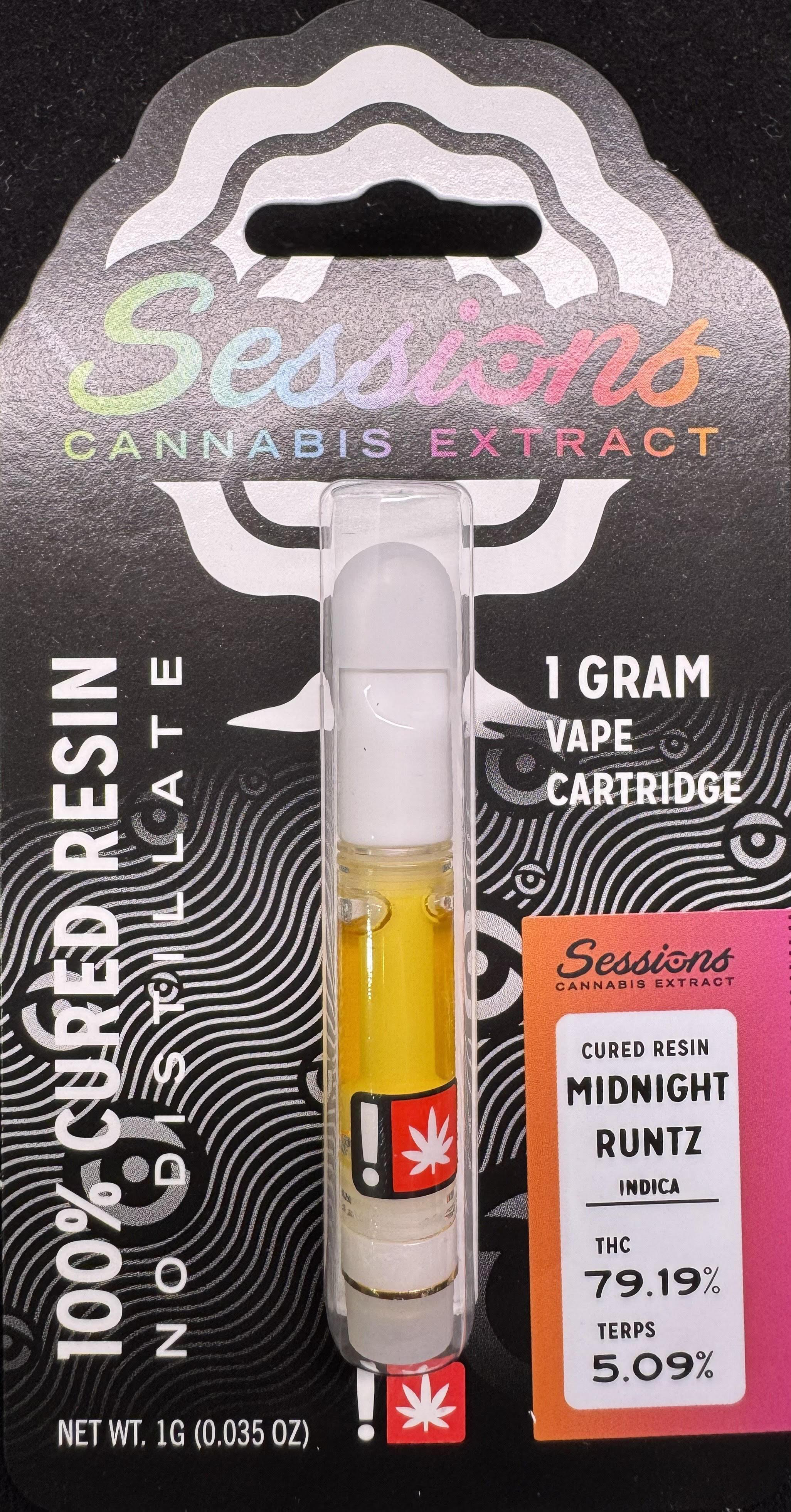 Photograph of product: Cartridge - 1g Cured Resin Sessions - Midnight Runtz