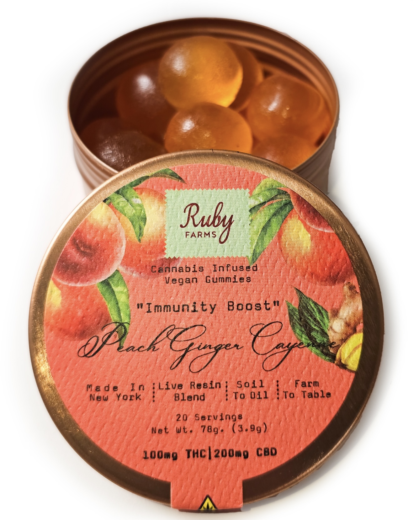 Photograph of product: Ruby Farms | Gummy 20 Pack | Peach Ginger Cayenne | 100mg