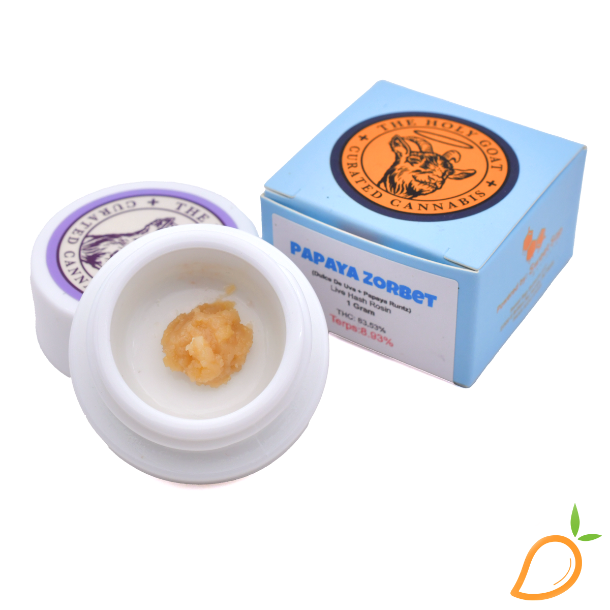 Photograph of product: 1g Papaya Zorbet Live Rosin The Holy Goat