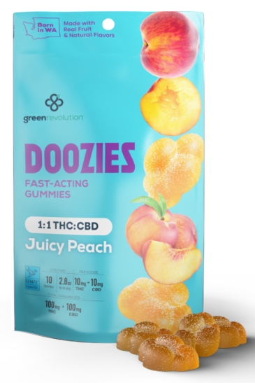 Photograph of product: Green Revolution Doozies Gummies | 1:1 TH-oui/CBD | Juicy Peach