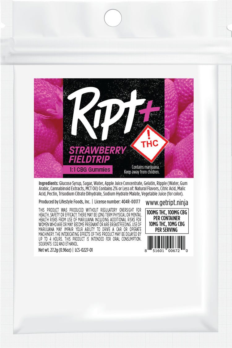Photograph of product: Ript | Gummies | (H) Strawberry Field Trip 1:1 CBG