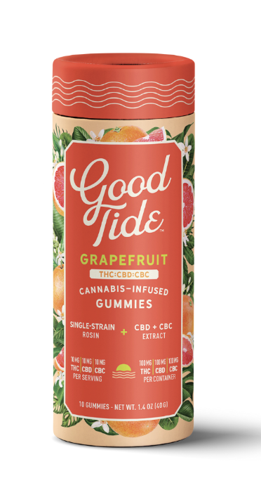 Photograph of product: Good Tide 100mg (1:1:1 TH-oui: CBD:CBC) au chocolat Rosin Gummies - Grapefruit 10 x 10mg