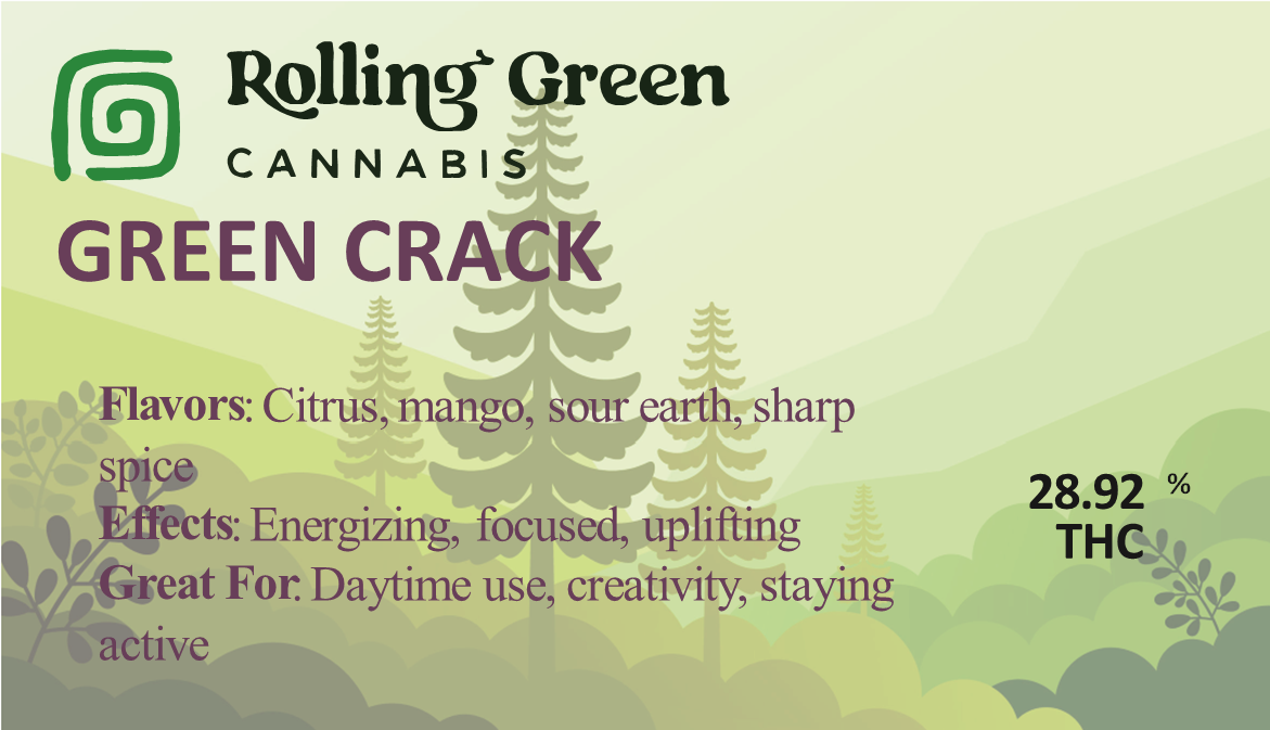 Photograph of product: Rolling Green Oui'd Flower - Green Crack - 3.5g