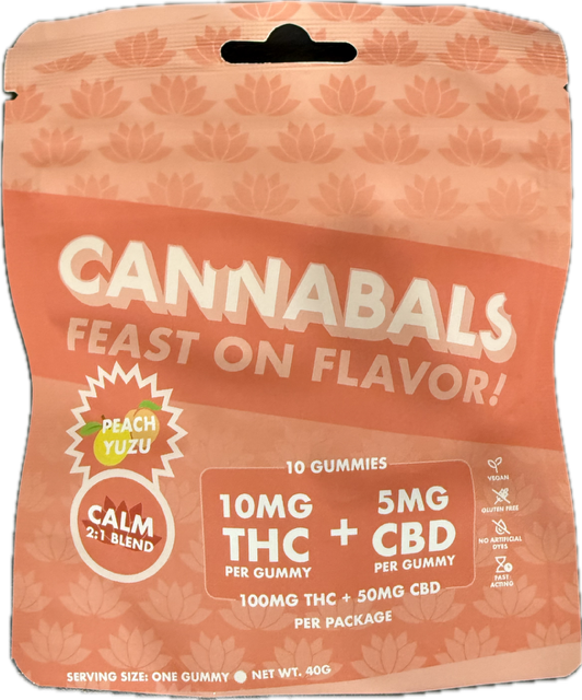 Photograph of product: Cannabals | Gummies | Peach Yuzu | Calm | 2:1 | TH-oui:CBD | 10mg | 10 Pack | 100mg | Hybrid