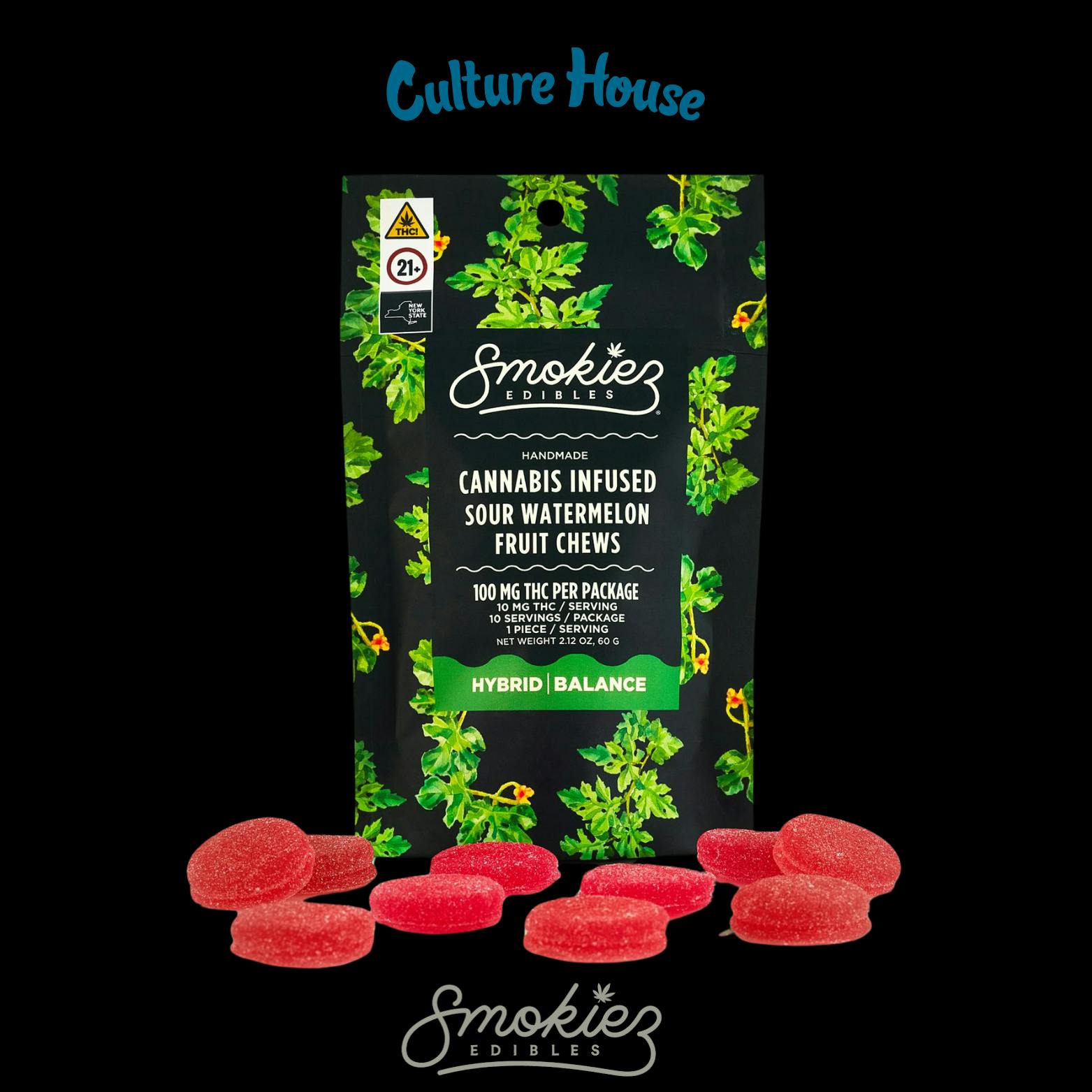 Photograph of product: Smokiez| Sour Watermelon Hybrid| 100mg TH-oui Fruit Chews