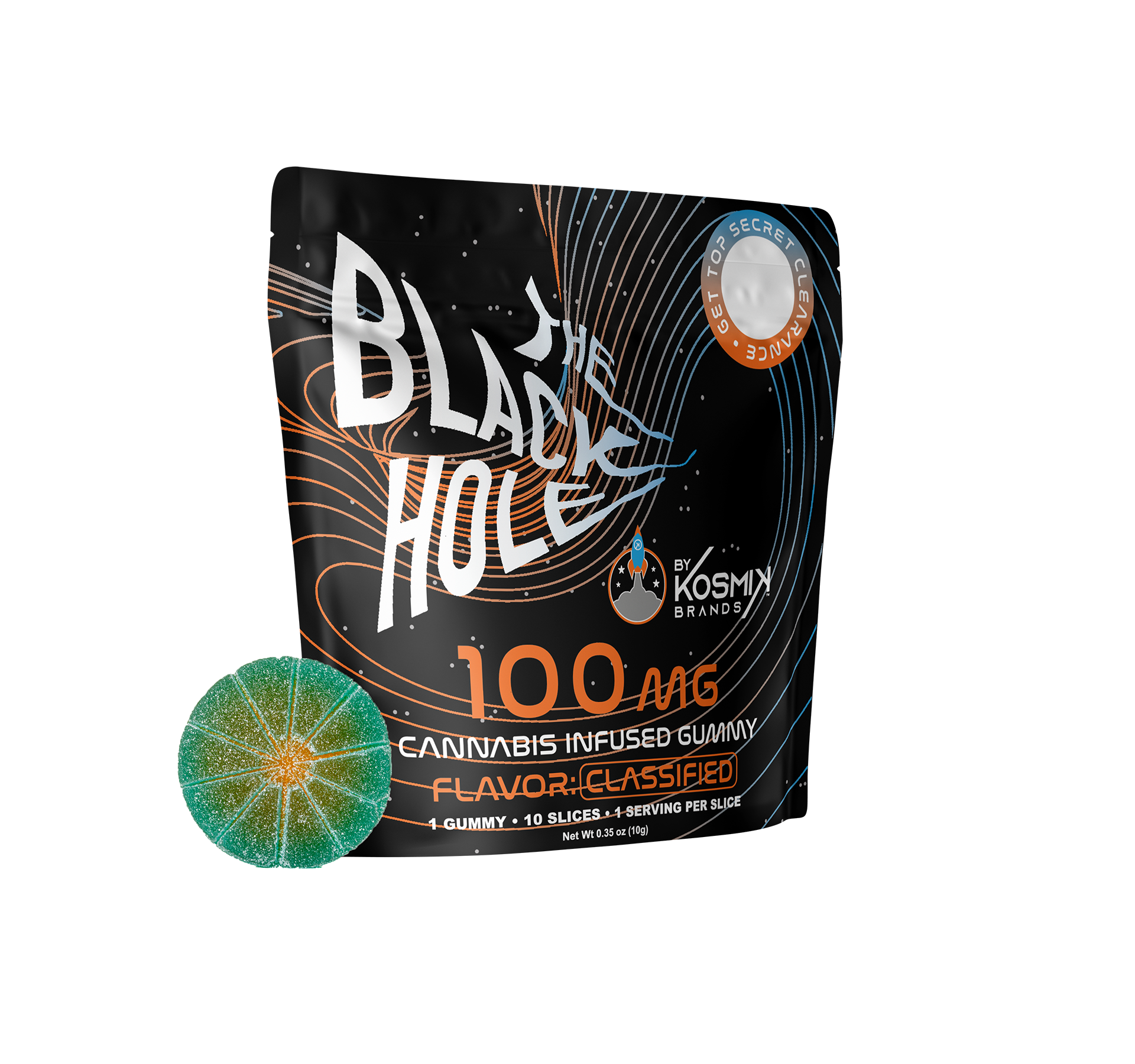 Photograph of product: KOSMIK - THE BLACK HOLE MULTISERVE - GUMMIES - 100MG - ORANGE - ORANGE SLICE