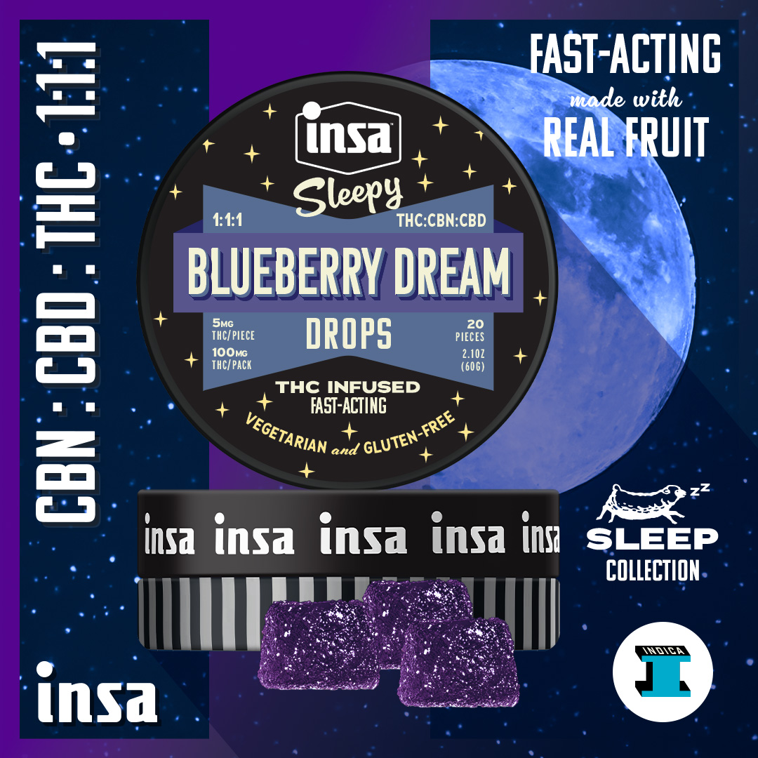 Photograph of product: Drops/Gummies - Blueberry Dream 1:1:1 (TH-oui : CBN : CBD) - 300mg (20 Chews)