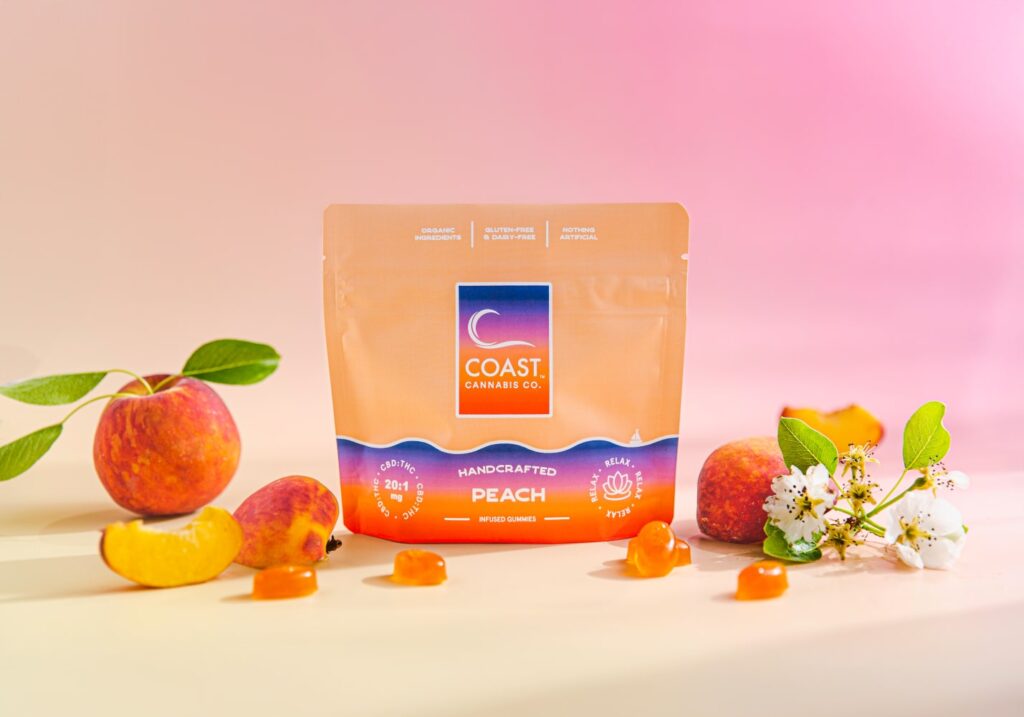 Photograph of product: COAST | Peach 20:1 CBD/TH-oui Gummies [20 Pack | 1mg TH-oui ea]