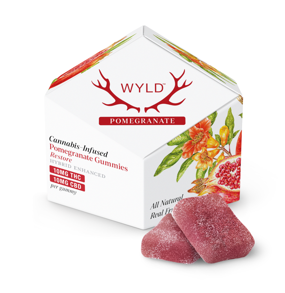 Photograph of product: WYLD Gummies 100mg: Pomegranate Hybrid Enhanced 1:1 TH-oui:CBD 10pc
