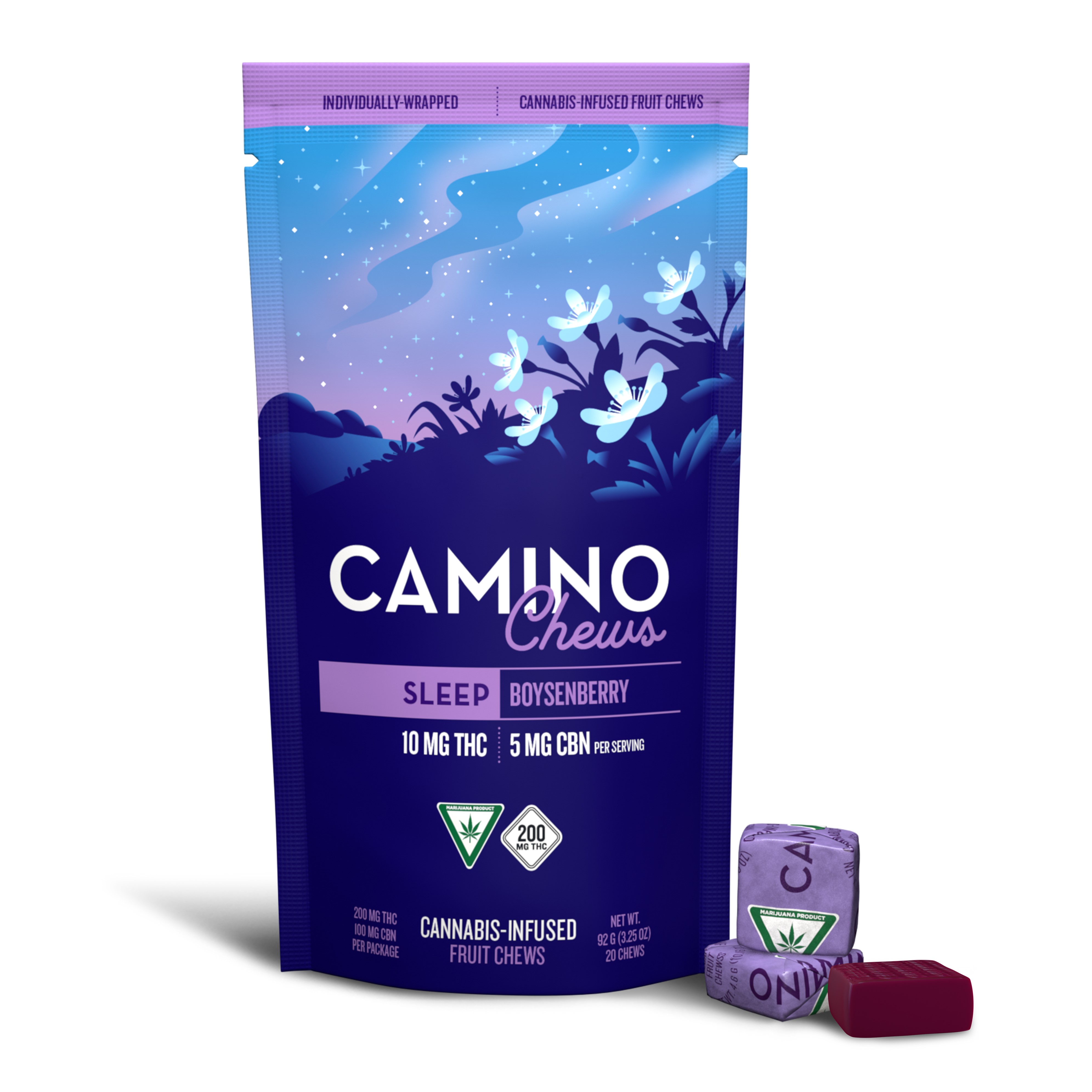 Photograph of product: Camino Boysenberry Chews 200mg THC | 100mg CBN