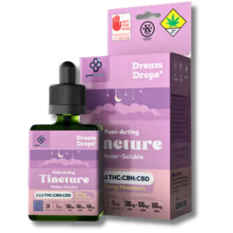 Photograph of product: Dream Drops* Chill Fast-Acting Tincture 1:1:1 CBN 300mg + 50mg Melatonin Infused Water-Based Tincture Liquid Edible (Green Revolution)