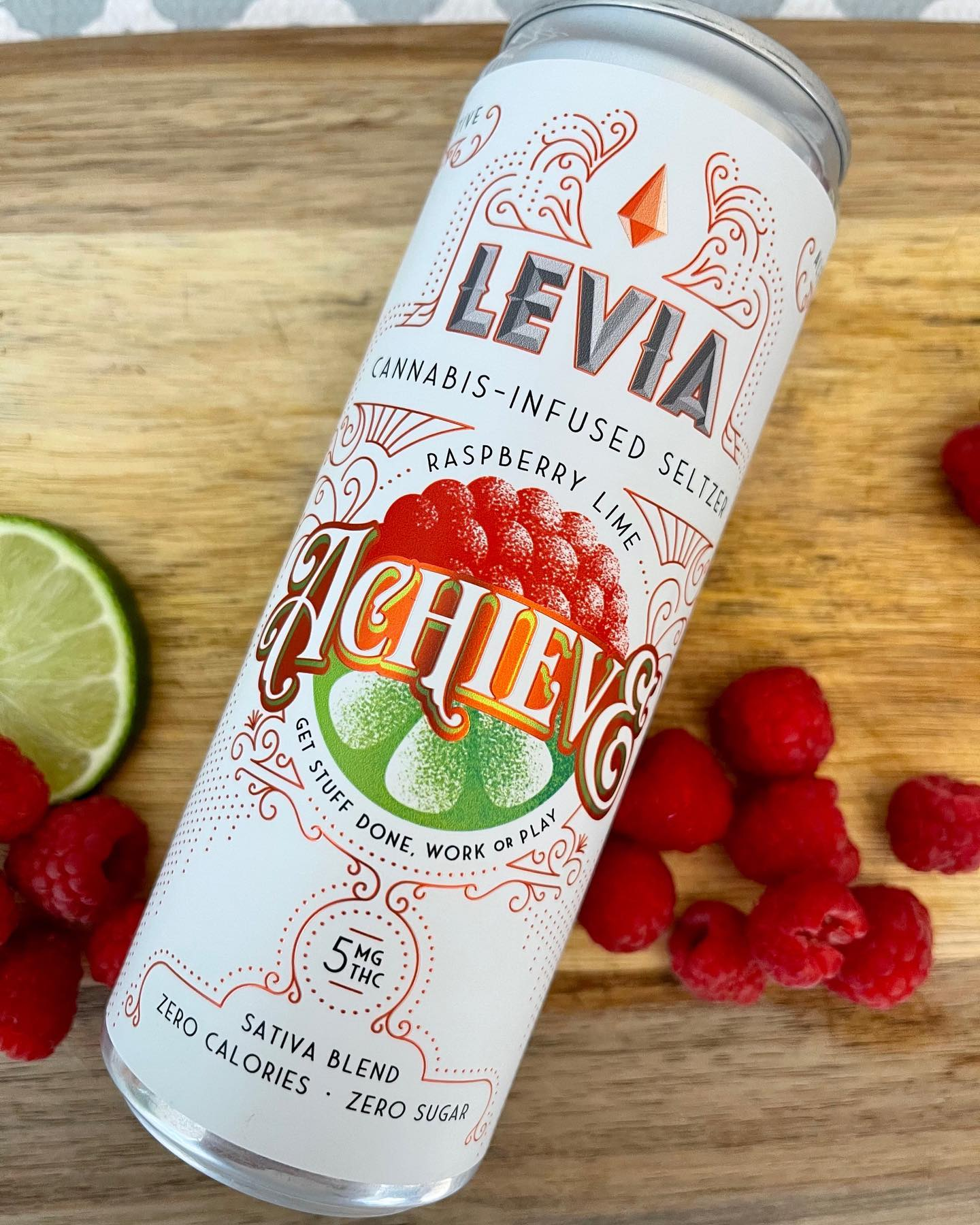 Photograph of product: LEVIA Seltzer Achieve Raspberry Lime 5mg