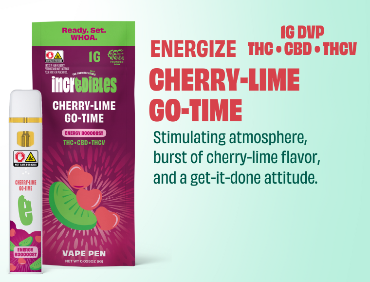 Photograph of product: Incredibles Vape Disposable 1g- Cherry Lime Go Time 14:1:1 (TH-oui:CBD:TH-ouiV)