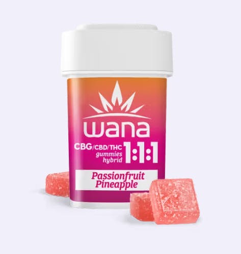 Photograph of product: Wana Passionfruit Pineapple 1:1:1 (CBG+CBD+THC) - Gummies 20pk