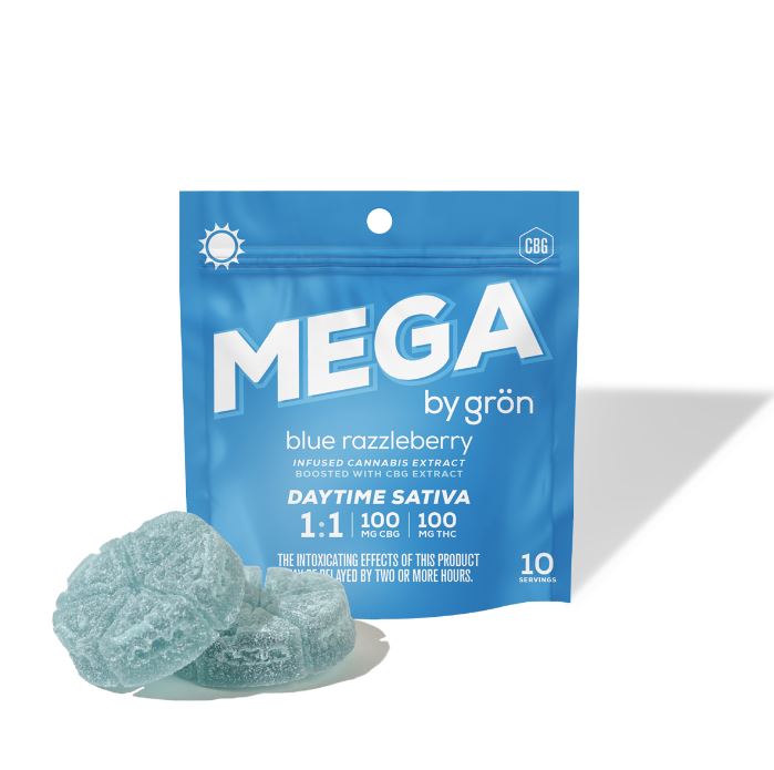 Photograph of product: Gron: Mega Blue Razzleberry 1:1 | CBG:TH-oui | 100mg TH-oui | 10pk