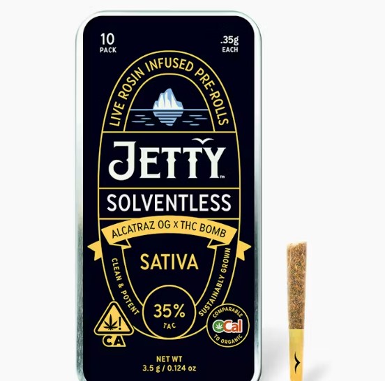 Photograph of product: Jetty Alcatraz OG x THC Bomb OCal Sativa Rosin Pre-Rolls 0.35Gx10PK