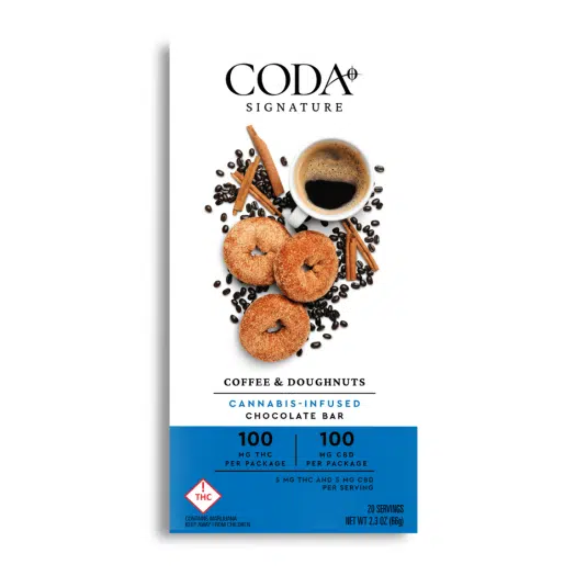 Photograph of product: Coda Coffee and Doughnuts Milk Chocolate 1:1 CBD:TH-oui