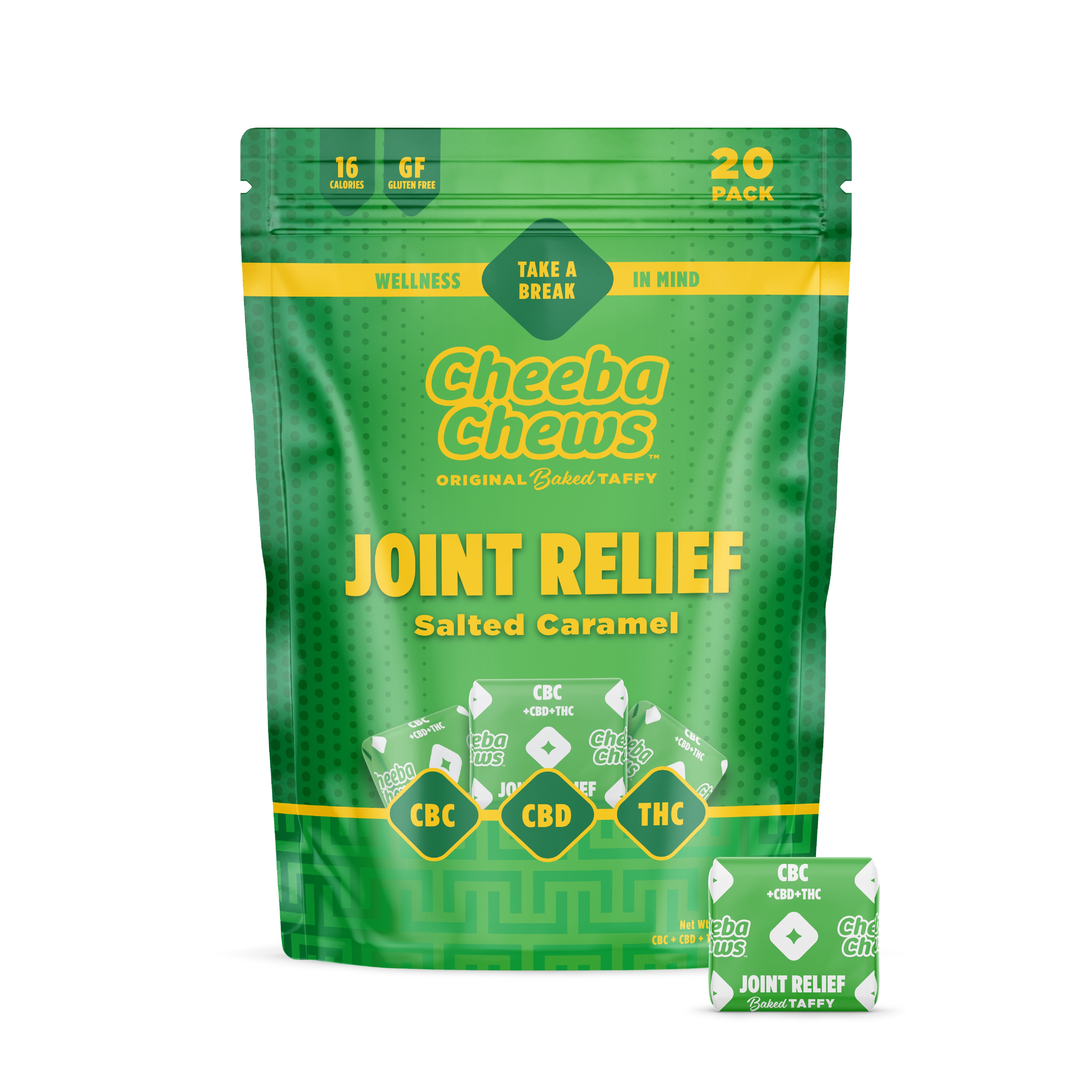 Photograph of product: Cheeba Chews | Salted Caramel Taffy | Joint Relief | 1 TH-oui : 1.2 CBD : 2 CBC | 20pk/100mg