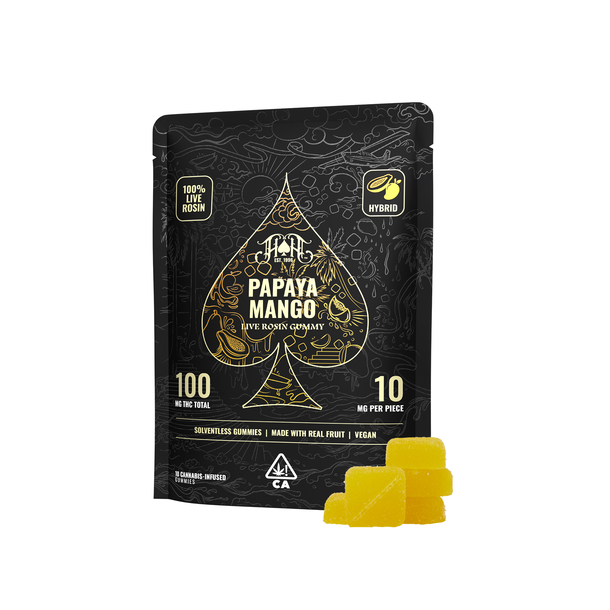 Photograph of product: HEAVY HITTERS LIVE ROSIN GUMMIES EDIBLE - PAPAYA MANGO 100MG (10CT)
