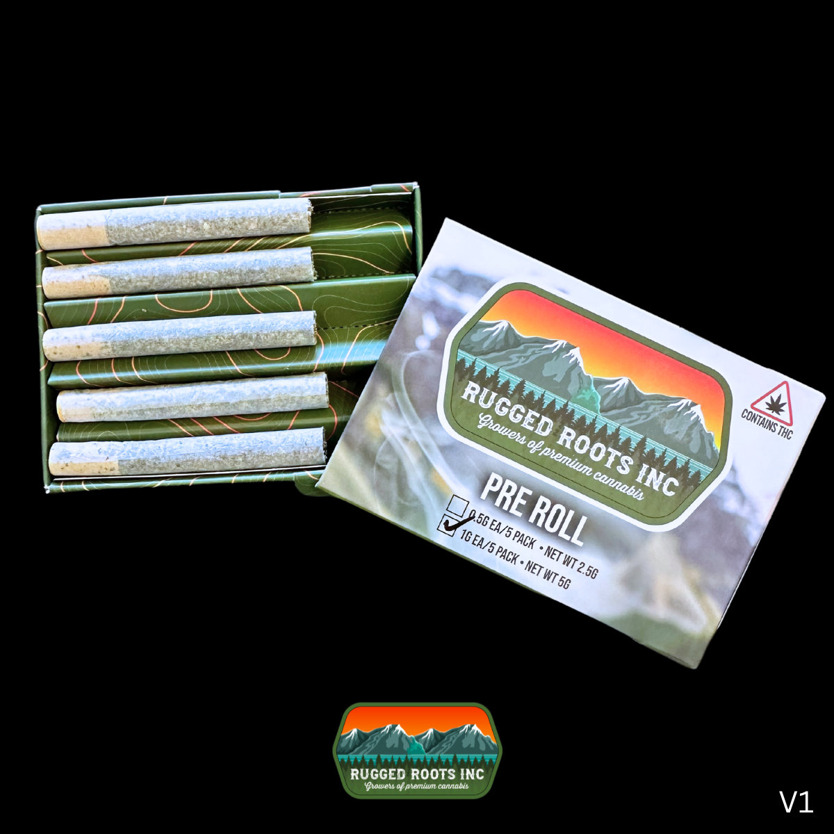 Photograph of product: Rugged Roots | Variety Pack #141 1g Pre Roll 5 Pack 5g