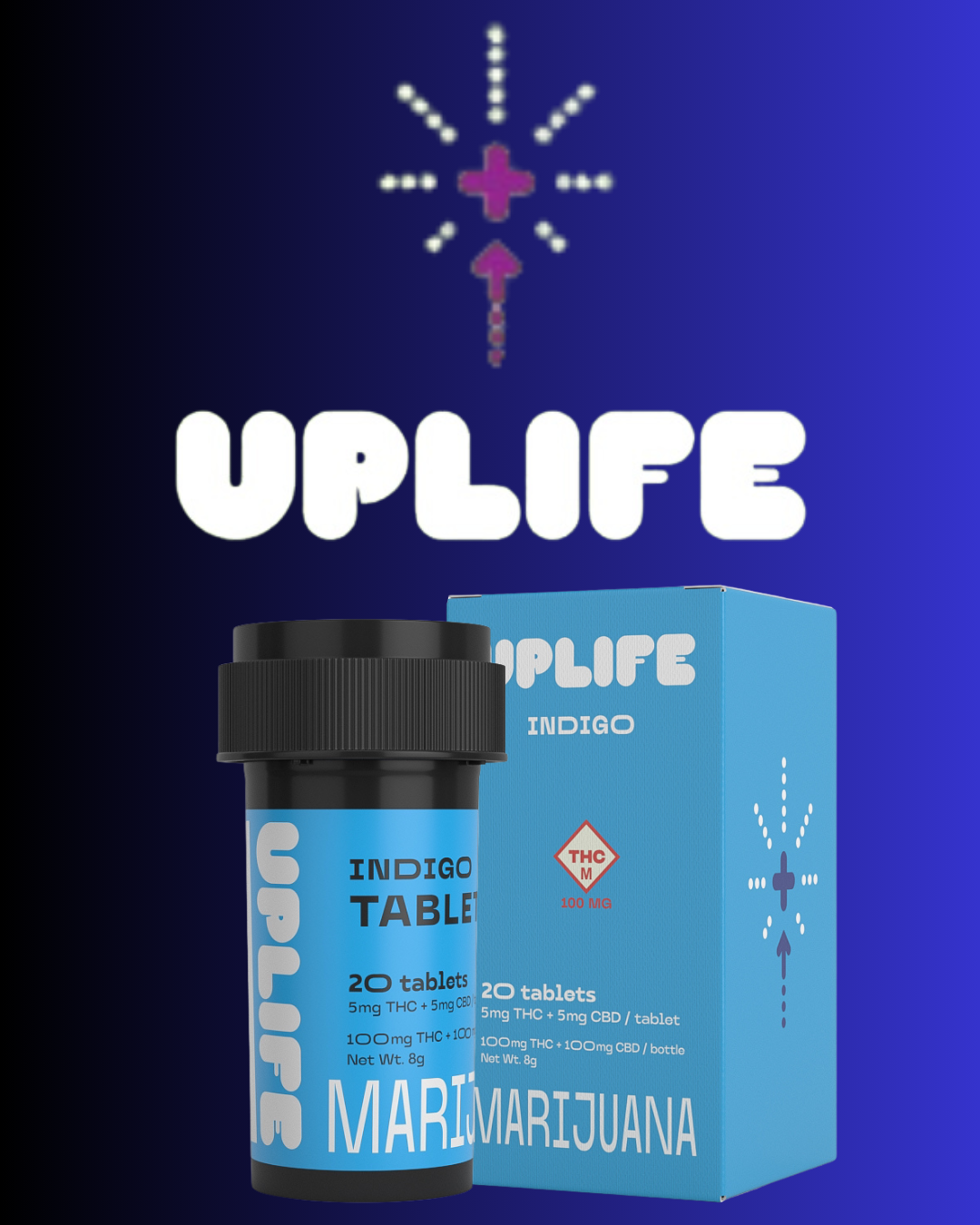 Photograph of product: Uplife | Indigo 1:1 TH-oui:CBD Tablets | 100mg (20pk)