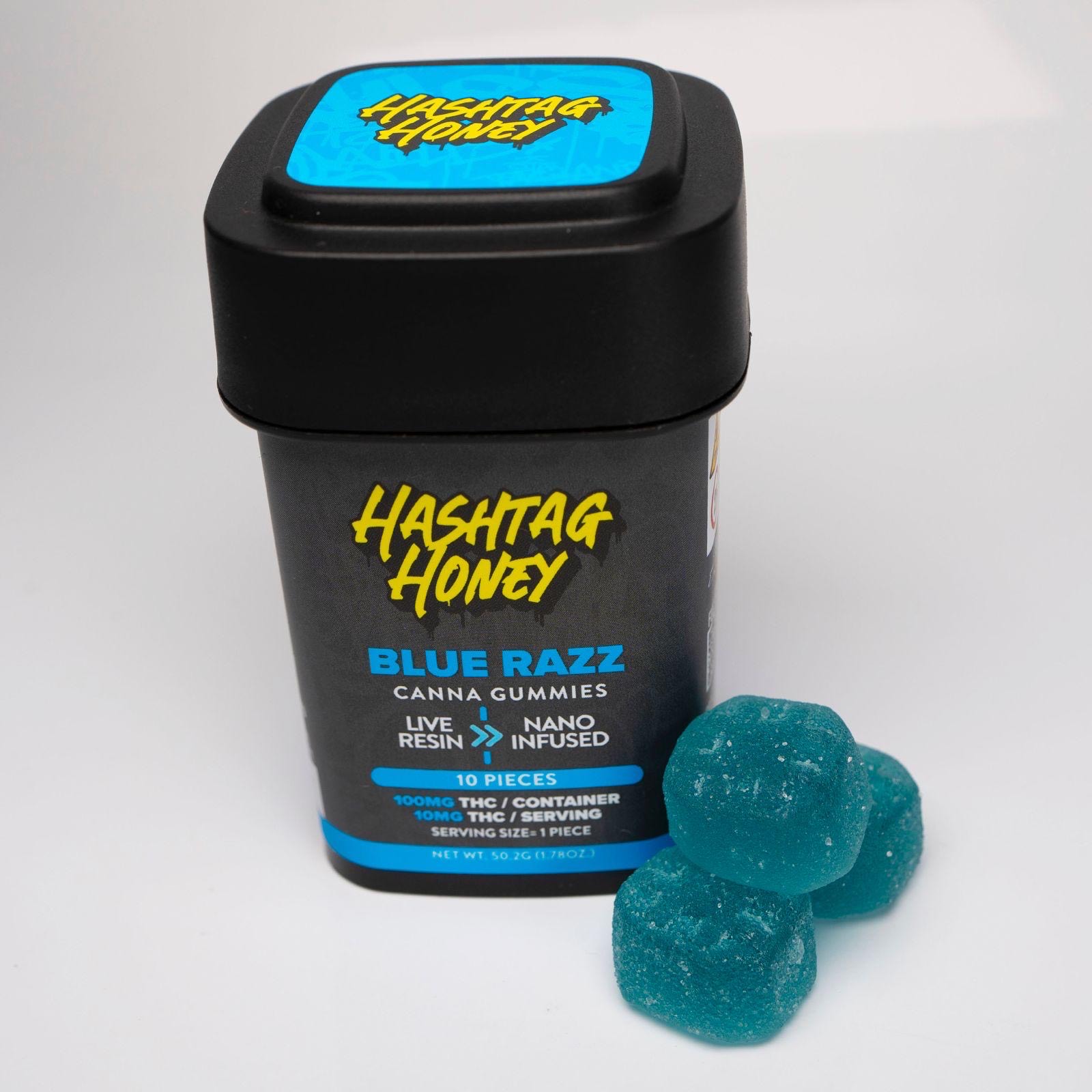 Photograph of product: au chocolattag Honey Live Resin/Nano Infused Blue Razz Gummies 10MG/Serving:100MG/Container