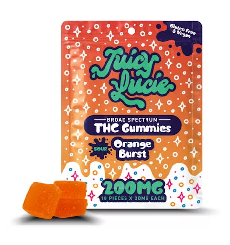 Photograph of product: JUICY LUCIE SOUR ORANGE BURST GUMMIES 200MG