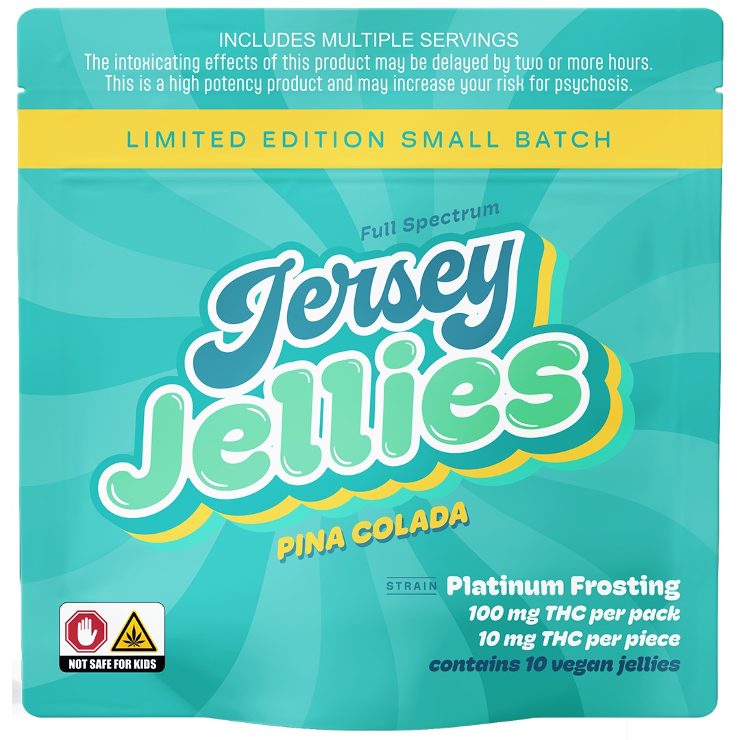 Photograph of product: Jersey Jellies | Limited Edition Gummies | Pina Colada - Platinum Frosting | 10pk/100mg